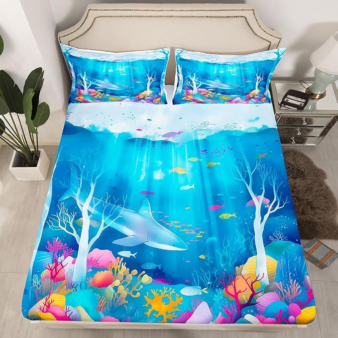 Ocean Kids Full Size Fitted Sheet,Marine Organism Shark Room Decor,Underwater World Sealife Boys Girls Bed Sheets,Blue Bedding Set,2 Pillowcases(No Flat)