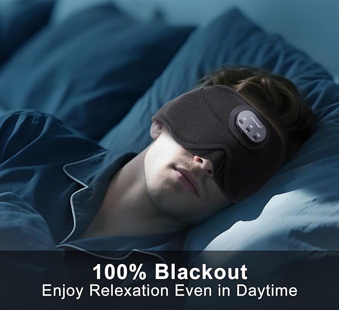 Bluetooth Sleep Mask with Smart Timing, 100% Blackout 3D Contoured Eye Mask for Sleeping & Music Auto Shut Off, Breathable No Pressure for Side Sleeper Travel Essential Gift for Women Men