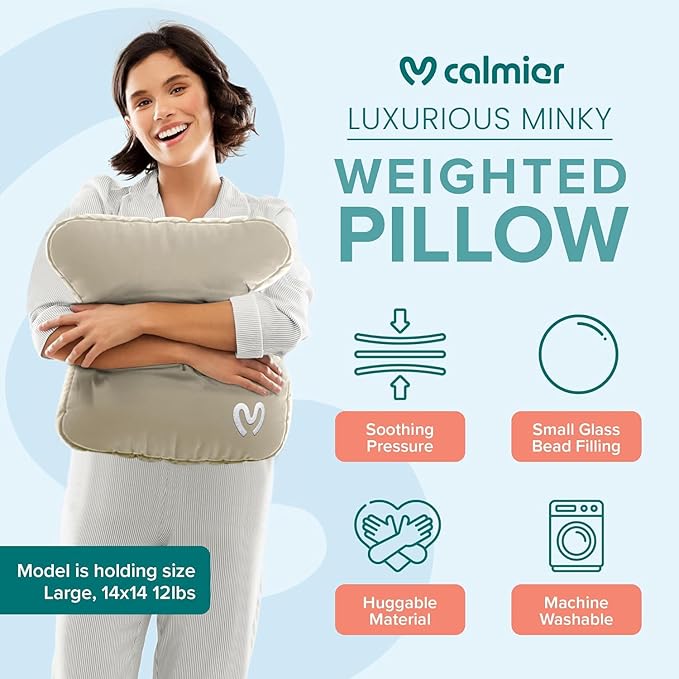 Calmier - 6 lb Sensory Weighted Pillow - Glass Bead Filled Hug Pillow - Ultra Plush Cozy Weight Sensory Pillows for Adults and Kids - Weighted Lap Pad (Tan- Minky, 6 LBS)