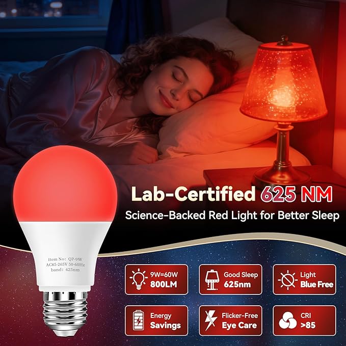 Neporal 625nm Red Light Bulbs for Sleep, 100% Blue Light Blocking Light Bulbs for Melatonin Promoting, A19 LED 9W 60W Equivalent Dim Red Night Light Bulb for Baby Nursery, Sleeping, Reading, 4-Pack