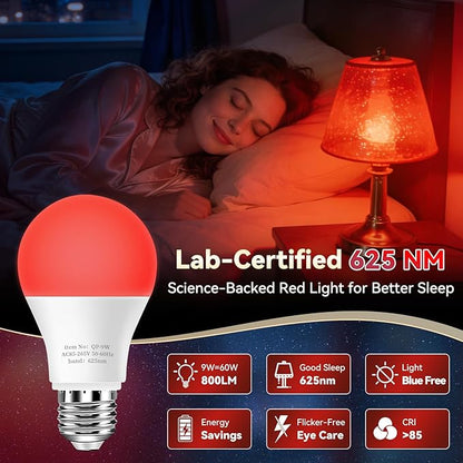 Neporal 625nm Red Light Bulbs for Sleep, 100% Blue Light Blocking Light Bulbs for Melatonin Promoting, A19 LED 9W 60W Equivalent Dim Red Night Light Bulb for Baby Nursery, Sleeping, Reading, 4-Pack