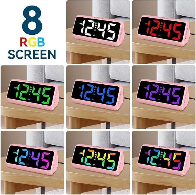Netzu Loud Alarm Clock for Heavy Sleepers, Plug-in RGB Vibrating Alarm Clocks with Bed Shaker, 5 Dimmers, 2 Alarms and Snooze for Bedrooms Hearing Impaired Deaf Adults Pink