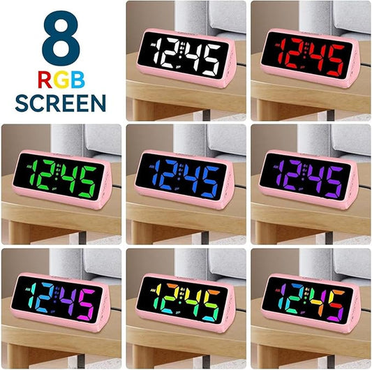 Netzu Loud Alarm Clock for Heavy Sleepers, Plug-in RGB Vibrating Alarm Clocks with Bed Shaker, 5 Dimmers, 2 Alarms and Snooze for Bedrooms Hearing Impaired Deaf Adults Pink