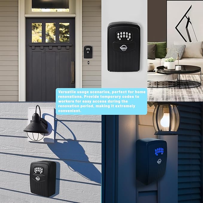 Smart Bluetooth Key Lock Box,Remote Access via App/Code,Resettable 6-Digit Combination,Large Capacity for 5 Keys,Wall-Mounted,No WiFi Needed,Black
