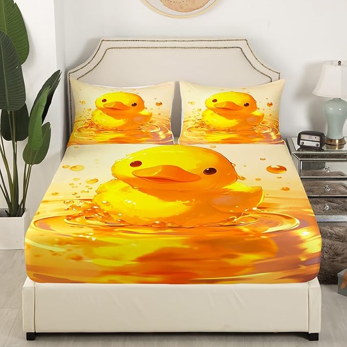Lovely Duck Kids Fitted Sheet Full Size,Cartoon Bird Animal Country Nature Bedding Set,Boys Girls Room Decor,Cute Pond Animals Farmhouse Bed Cover,Yellow Rustic Bed Sheet,2 Pillowcases