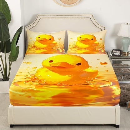 Lovely Duck Kids Fitted Sheet Full Size,Cartoon Bird Animal Country Nature Bedding Set,Boys Girls Room Decor,Cute Pond Animals Farmhouse Bed Cover,Yellow Rustic Bed Sheet,2 Pillowcases