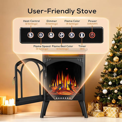 ZAFRO 24" Freestanding Electric Fireplace Stove with Remote, Adjustable Flame Color and Brightness, Fireplace Heater with Thermostat/Timer/Dimmer/Overheat Protection for Bedroom, Living Room(Black)