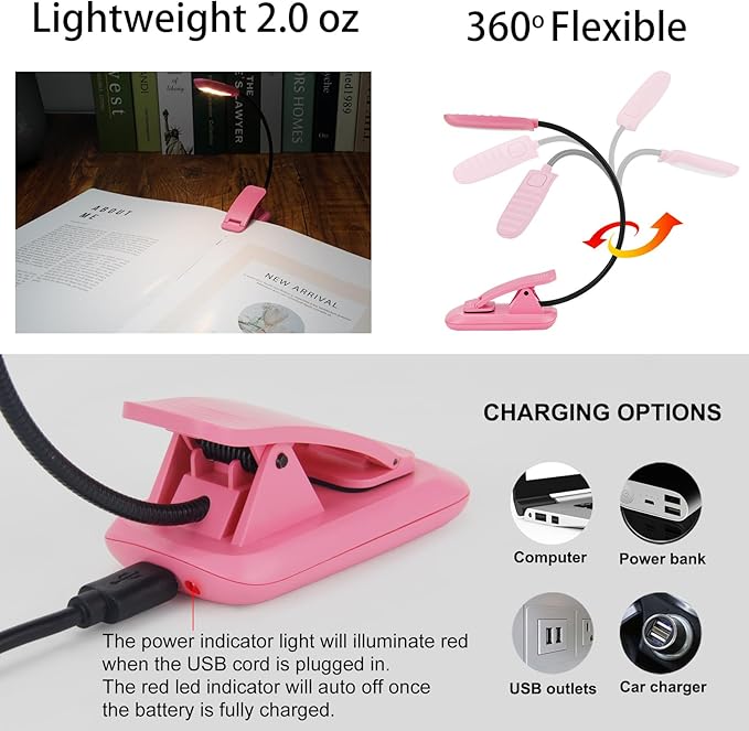BIGMONAT Rechargeable Book Light for Reading in Bed,Reading Lamp with Brightness Adjustable and 360°Rotary, Eye Care Samll Desk Lamp, Night Lights for Kids, Readers (Pink,1Pack)
