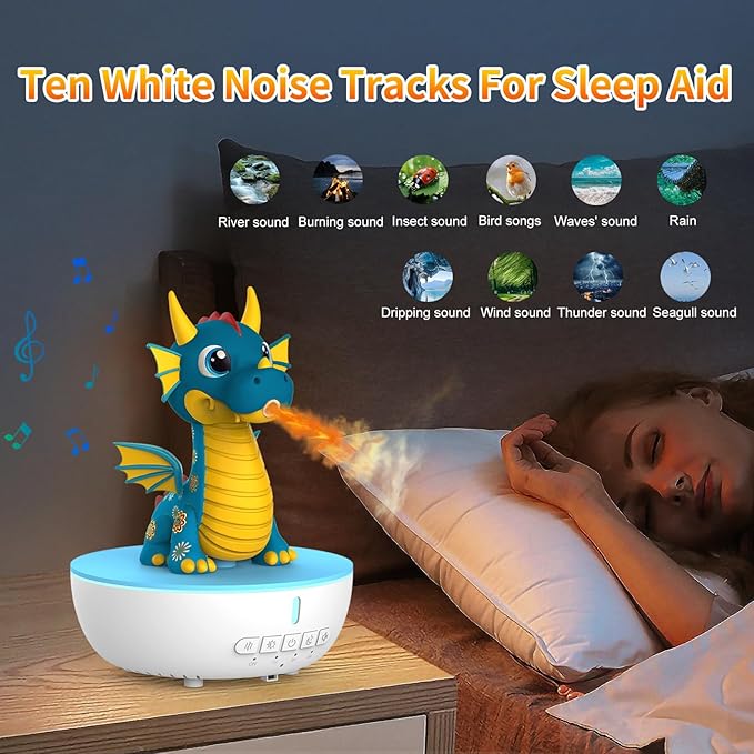 Aromatherapy Dragon Humidifier, 200ML Essential Oil Diffuser with Remote & Timer, White Noise Machine with 10 Soothing Sounds, Cute Small Humidifiers for Kids Bedroom, Home, Office (Blue)
