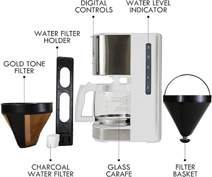 Kenmore Drip Coffee Maker - 12 Cup Programmable Cafe Machine With Glass Pot, Regular & Bold Brew, Auto Shut Off Large Water Reservoir, Reusable Filter, Kitchen Appliances For Cafeteria Barista, White