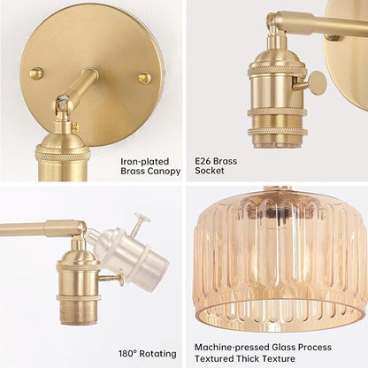 Vintage Battery Operated Wall Sconce with Amber Striped Glass Lampshade 5000 mAh Rechargeable Battery Powered Wall Light with Remote Control for Bedside Bedroom Doorway, Set of 2