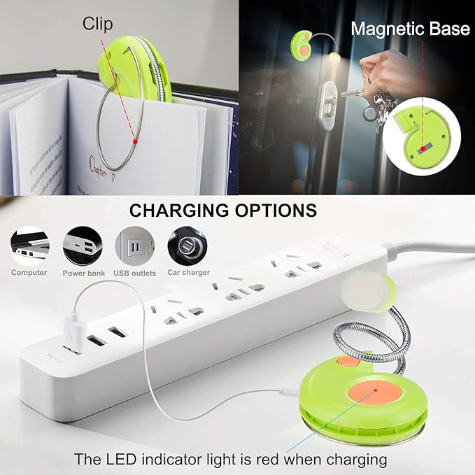 Kids Rechargeable Book Light, Clip on Reading Light for Kid, Kids Reading Lights, Amber Book Light for Reading in Bed, 2 Lighting Modes, Blue Light Blocking, Bookmark Light for Bookworms-Green