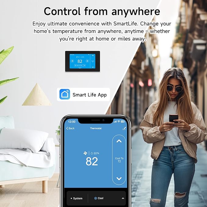 Smart Thermostat for House with C-Wire Adapter, Programmable WiFi Thermostat Compatible with Alexa and Google Assistant,Energy Saving, Remote Control Tuya/Smart Life, C-Wire Require
