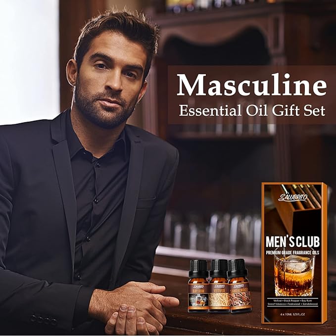 SALUBRITO Men's Club Fragrance Oils, Wood Essential Oil Set for Diffuser, Soap, Candle Making - Sandalwood, Teakwood, Sweet Tobacco, Bay Rum, Black Pepper, Vetiver, Gentlemen Scented Oil