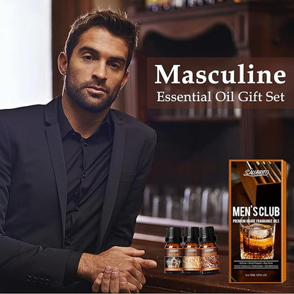 SALUBRITO Men's Club Fragrance Oils, Wood Essential Oil Set for Diffuser, Soap, Candle Making - Sandalwood, Teakwood, Sweet Tobacco, Bay Rum, Black Pepper, Vetiver, Gentlemen Scented Oil