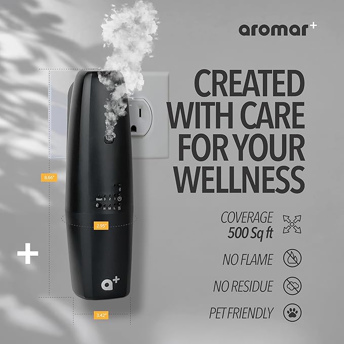 AROMAR Waterless Plug-in Aroma Diffuser - Cold-Air Essential Oil Machine, App-Controlled, Covers 500 Sq.Ft - 'New York' Scent Included - Perfect for Home, Office, & Business use - Black
