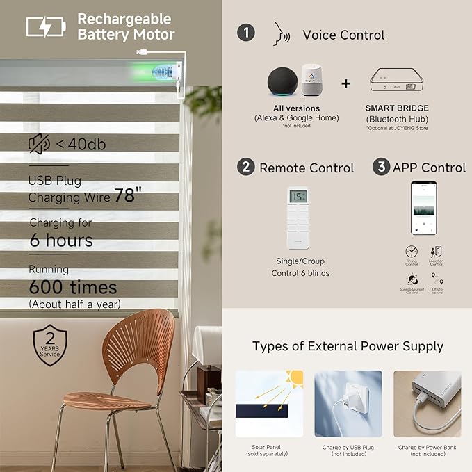 Motorized Zebra Blinds, Cordless Blackout Window Shades with Remote, Custom Dual Layer Smart Roller Shades Compatible with Alexa Google Assistant, Automatic Light Filtering Blinds,Warm Grey