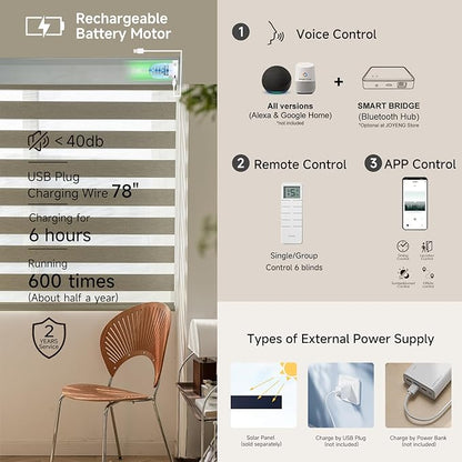 Motorized Zebra Blinds, Cordless Blackout Window Shades with Remote, Custom Dual Layer Smart Roller Shades Compatible with Alexa Google Assistant, Automatic Light Filtering Blinds,Warm Grey