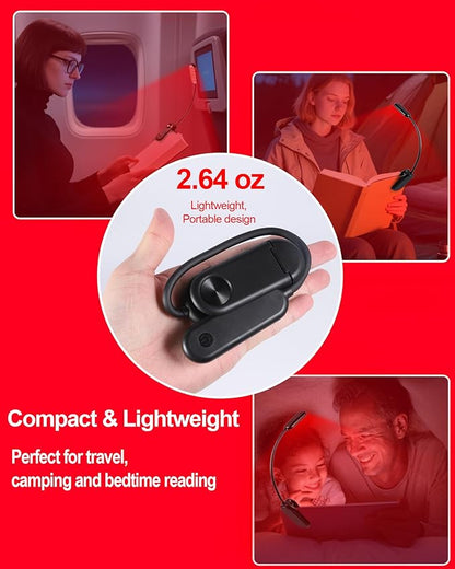 625nm Red Book Light [2 Pack] - Zero Blue Light, Rechargeable Clip On Red Reading Light Lamp for Reading at Night - Poratble Dimmable LED Book Lamp, Gift for Lovers Travel Studying Nursing