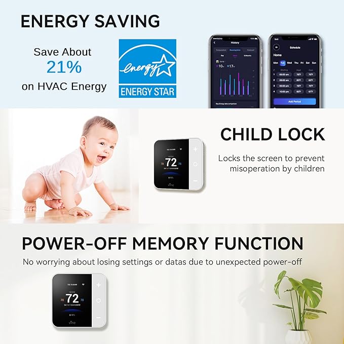 Vine Thermostat for Home with Touchscreen Color Display, WiFi Smart Thermostat Compatible with Alexa and Google Assistant, 7day/8period Programmable, Energy Saving, C-Wire Required, Screen Size 2.8"