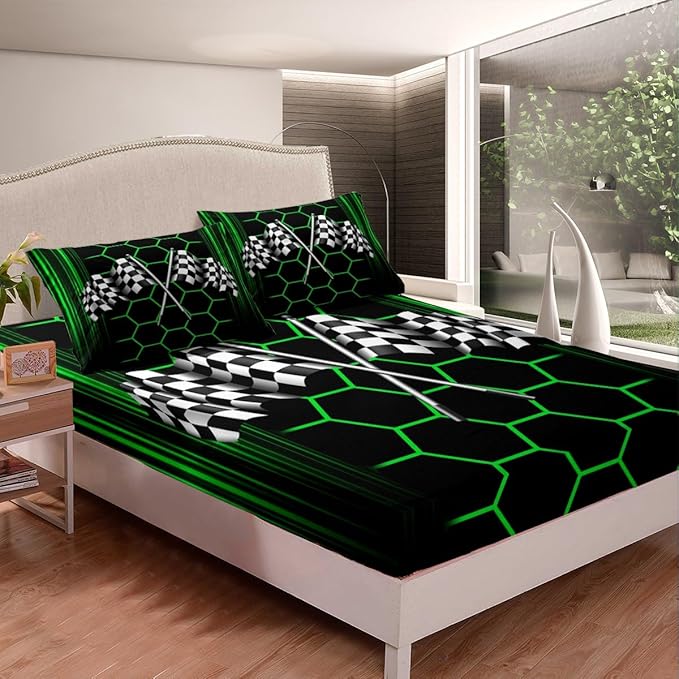 Black White Checkered Flag Bed Sheet Set Home Decor Honeycomb Geometric Sheet Sets Deep Pocket,Racing Car Mattress Cover,Twin Size with 1 Pillowcase
