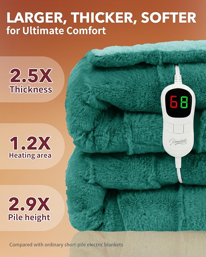 Homemate Electric Heated Throw Blanket - 50"x60" Luxury Faux Fur Heating Bed Blankets with 10 Heating Levels 8 Hours Auto Off Fast Heating Over-Heated Protection Ultra Soft Warm Flannel ETL Certified