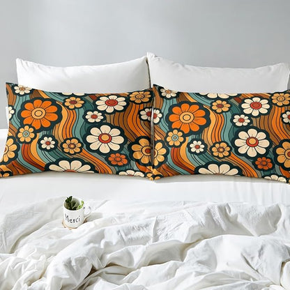 Groovy Daisy Flowers Fitted Sheet Queen Size,70s 80s Vintage Floral Hippie Psychedelic Bedding Set,Boys Girls Room Decor,Rainbow Boho Exotic Bed Cover,Bohemia Retro Bed Sheet,2 Pillowcases
