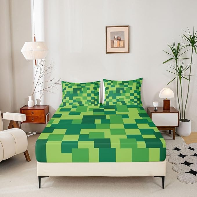 Pixelated Blocks Boys Girls Bed Sheets,Patchwork Square Video Games Room Decor,Abstract Geometric Grid Kids Twin Size Fitted Sheet,Green Bedding Set,1 Pillowcase(No Flat)