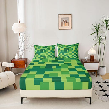 Pixelated Blocks Boys Girls Bed Sheets,Patchwork Square Video Games Room Decor,Abstract Geometric Grid Kids Twin Size Fitted Sheet,Green Bedding Set,1 Pillowcase(No Flat)