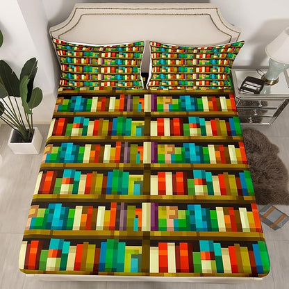 Pixel Video Game Kids Full Size Fitted Sheet,Bookshelf Pixelated Bookcase Room Decor,Gaming Geometric Grid Boys Girls Bed Sheets,Colorful Bedding Set,2 Pillowcases(No Flat)