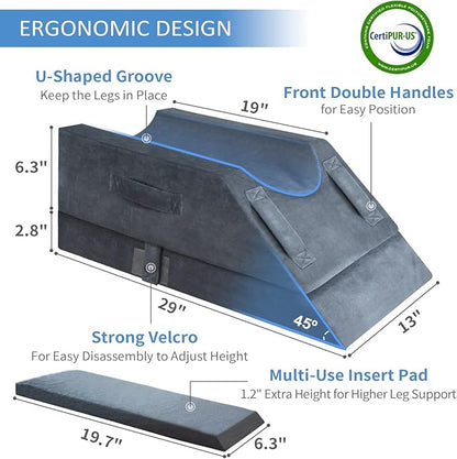 KingPavonini 4-Height Adjustable Leg Elevation Pillows for After Surgery, Injuries, or Rest, Memory Foam Leg Pillows for Sleeping with 3 Handles and Insert Pad, Washable Velvet Cover