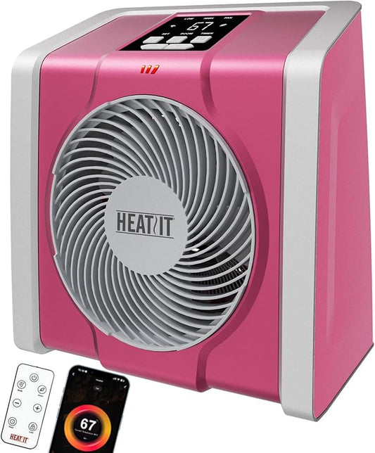 HEATIT Space Heater with Remote for Indoor, Digital Display with Thermostat,Containing Plasma & Ozone, 1-12H Timer, 1500W/750W,Electric Space Heater for Office, Bedroom,Pink,10.6"Dx7.0"W x 11.8"H
