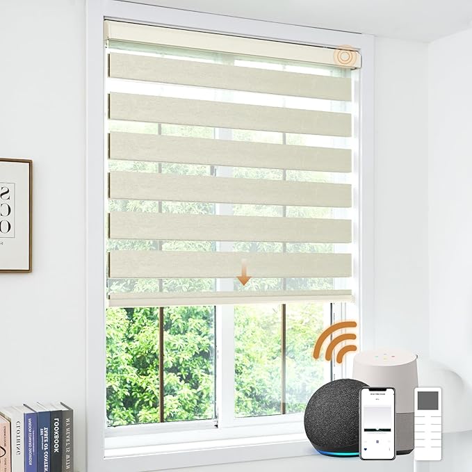 Motorized Zebra Blinds, Cordless Blackout Window Shades with Remote, Custom Dual Layer Smart Roller Shades Compatible with Alexa Google Assistant, Automatic Light Filtering Window Blinds,Beige