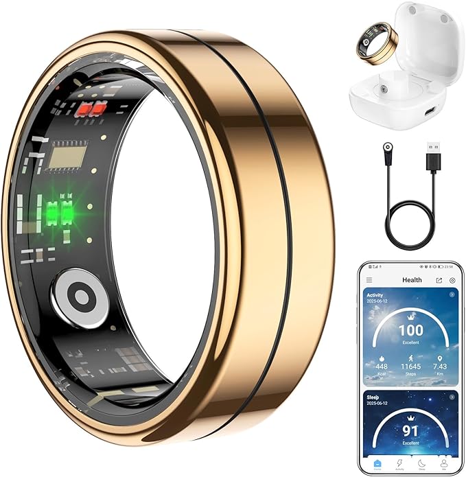 Fit Ring for Women Men, Ring Health Tracker with Heart Rate,Blood Oxygen,Heart Rate Variability, Stress, Sleep Monitor, Step Counter, Smart Ring for iPhone & Android, No Subscription Fee (Gold, 11#)