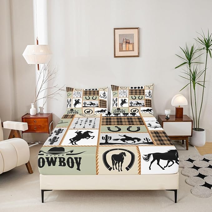 Western Cowboy Kids Sheet Full Size,Horseshoes Cactus Arrows Plaids Patchwork Bedding Set,Boys Girls Adults Room Decor,Rustic Farmhouse Country Bed Sheet Set 4pcs(Fitted + Flat + 2 Pillowcases)