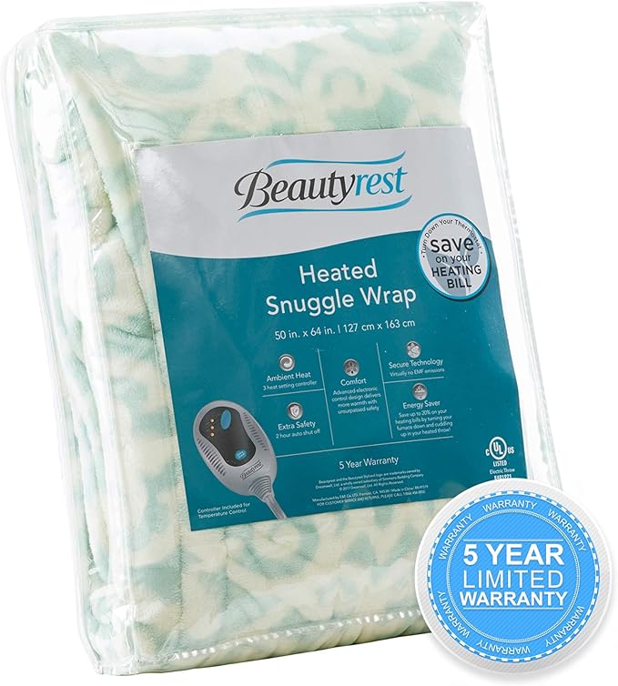Beautyrest Wearable Electric Poncho Wrap Blanket, Ultra Soft Sherpa & Berber Fleece Heated Throw, Low EMF, UL Certified, 3 Heat Settings & 2hr Auto Shutoff, Gift-Ready, 50" x 64", Dusty Blue Lattice