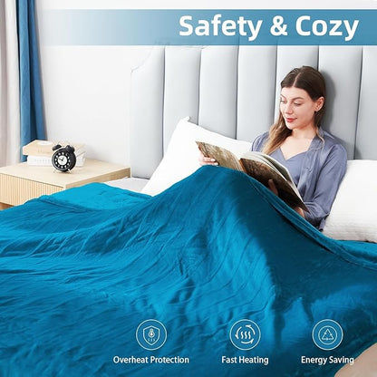 Electric Heated Blanket Twin Size 62"x84", Fast Heating Throw, Soft Plush Microplush for Bed & Couch, 10Hs Auto Off & 5 Heating Levels, Machine Washable, Gifts for Grandma & Family-Blue Green