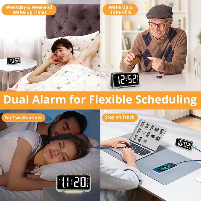 Loud Alarm Clock for Heavy Sleepers Adults, Vibrating Alarm Clock for Teens/Deaf, 7.5" Bright Clear Digital Screen, Adjustable Brightness with Night Light, 3 Levels Bed Shaker Under Pillow, Dual Alarm