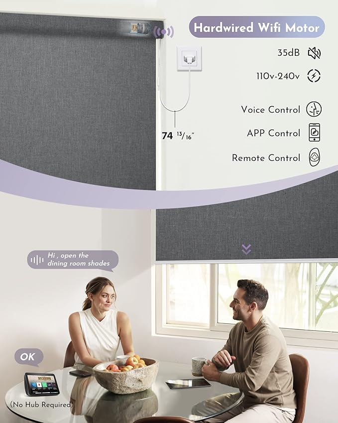 Graywind Motorized Shades 100% Blackout Compatible with Alexa Google WiFi Smart Hardwired Window Shade Remote Control Thermal Insulated Electric Blinds, Customized Size (Dark Gray)