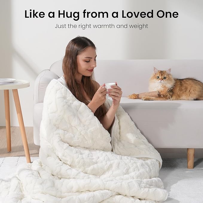 Drewin Weighted Blanket 15lbs Queen Size, Soft and Thick Jacquard Sherpa Heavy Blanket for Calming and Relax, Dual Sided Ultra Soft Fuzzy Throw Blanket with Ceramic Beads, 60 x 80 inches, Cream White