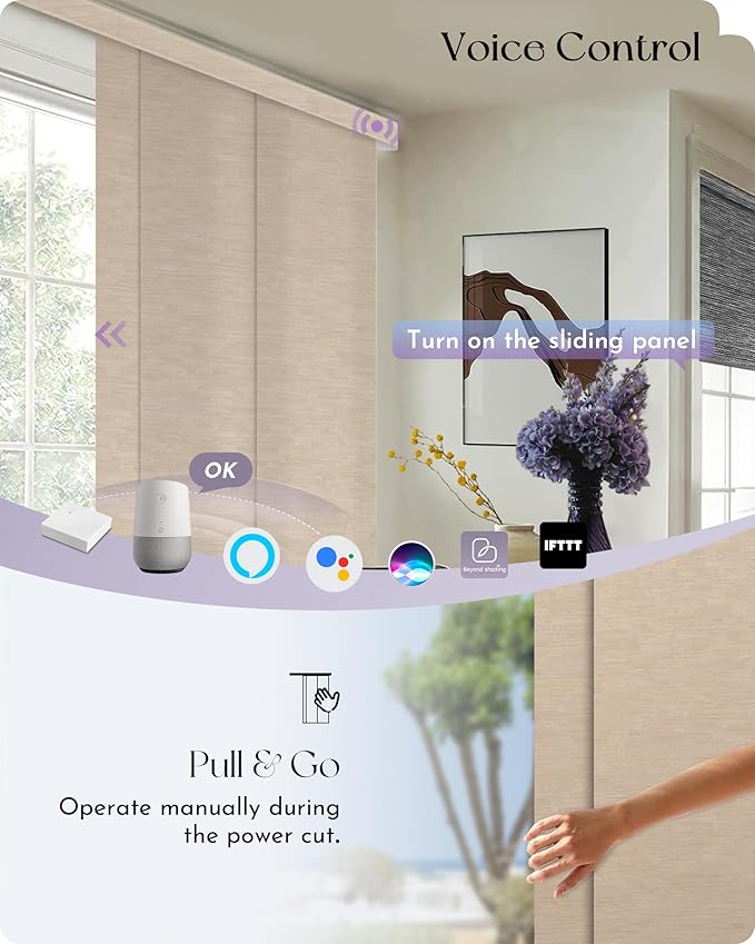 Graywind Rechargeable Smart Sliding Panels Compatible with Alexa Google Motorized Panel Track Blinds Remote Control for Patio Sliding Door Closet Door Width Up to 177" Custom Size (Jacquard Coffee)