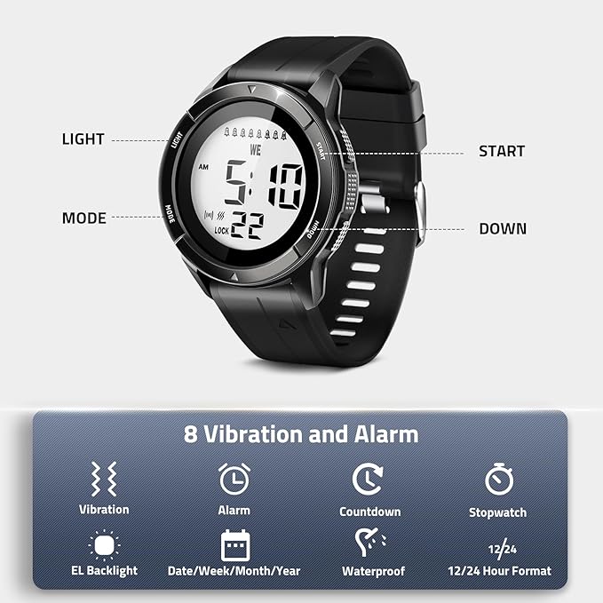 TICCI Men Unisex 8 Vibrating Alarms Watch for Elderly Seniors, Medication Aids Pill Reminder, Big Digits, Waterproof, Vibra Alert Notification,