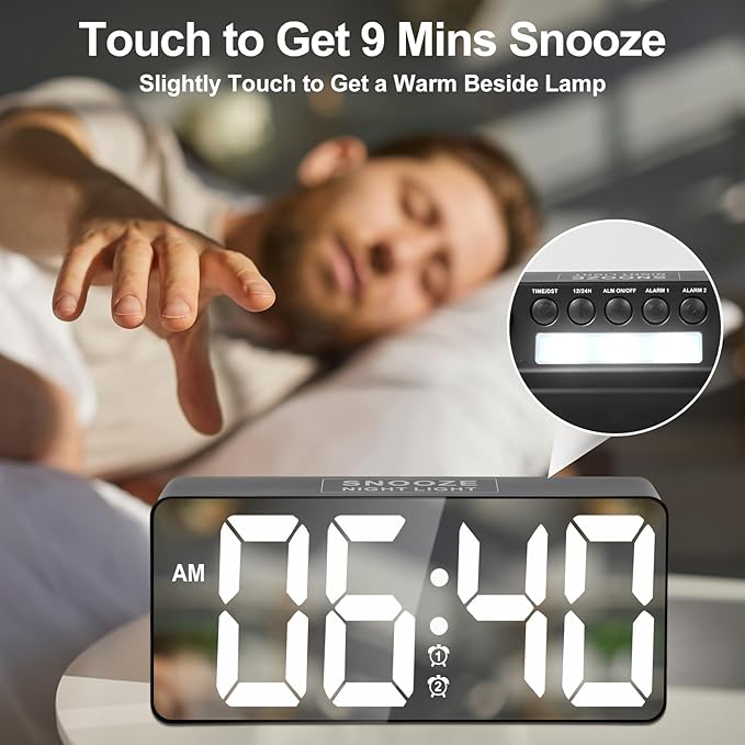 Digital Alarm Clock, Big Number LED Mirror Clock with Type C & USB Charging Port, 2 Alarms,Night Light,Dimmer,Snooze,Battery Backup,12/24H, Bedside Digital Clock for Bedroom Home Office Decor Kid Teen