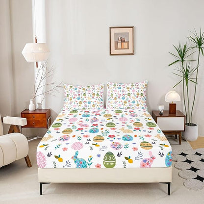 Happy Easter Fitted Sheet Twin Size Easter Egg Cute Rabbit Bedding Set for Kids Bedroom Floral Spring Flowers Bed Sheet Set 2pcs Colorful Deep Pocket Mattress Cover,No Top Flat