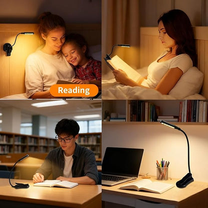 Rechargeable Reading Light, 10LED Beads with 3 Color Temperatures (3000K-6000K), Eye-Caring for Reading, Portable Book Clip Design + Non-Slip Base & 360° Flexible Gooseneck