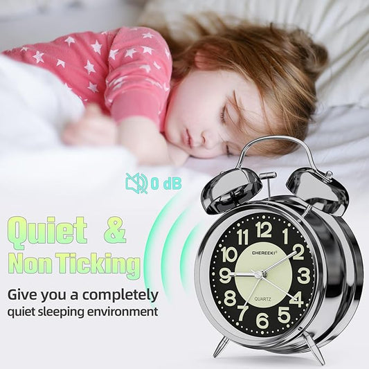 CHEREEKI Loud Alarm Clock for Heavy Sleepers Adults, Silent Non Ticking Analog Clock with Backlight, Luminous Dial, Battery Operated Alarm Clock for Bedroom, Included Battery, Silver