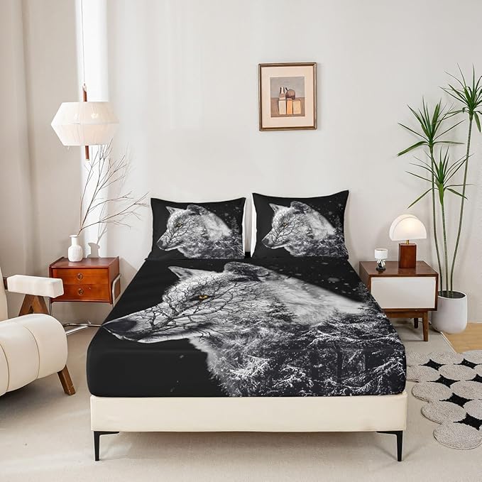 Manfei Wolf Sheet Queen,Winter Pine Bed Sheet Set 4pcs with Deep Pocket Fitted Sheet + Flat Sheet + 2 Pillowcases Plant Animal Theme Black Soft Bedding Set for Kids Teenss Room Decor,Black