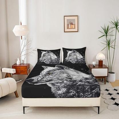 Manfei Wolf Sheet Queen,Winter Pine Bed Sheet Set 4pcs with Deep Pocket Fitted Sheet + Flat Sheet + 2 Pillowcases Plant Animal Theme Black Soft Bedding Set for Kids Teenss Room Decor,Black