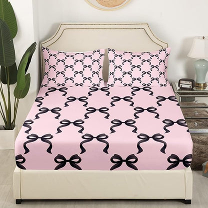 Manfei Black Bowknot Fitted Sheet Queen Size Princess Style Bow-tie Pink Black Bedding Sheet Set,Dreamy Fairy Tale Bow Crossed Patchwork Bed Cover Bedding 3 Pcs(No Flat Sheet)