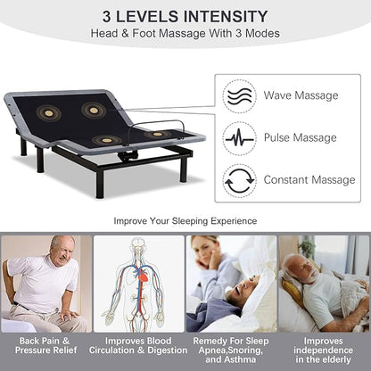 Vipbear Queen Adjustable Beds with Thickened Frame, Adjustable Bed Frame with with Wireless Remote, Separate Head/Foot Lift, Massage, Zero Gravity,USB Ports, Adjustable Bed Bases with Sturdy Metal